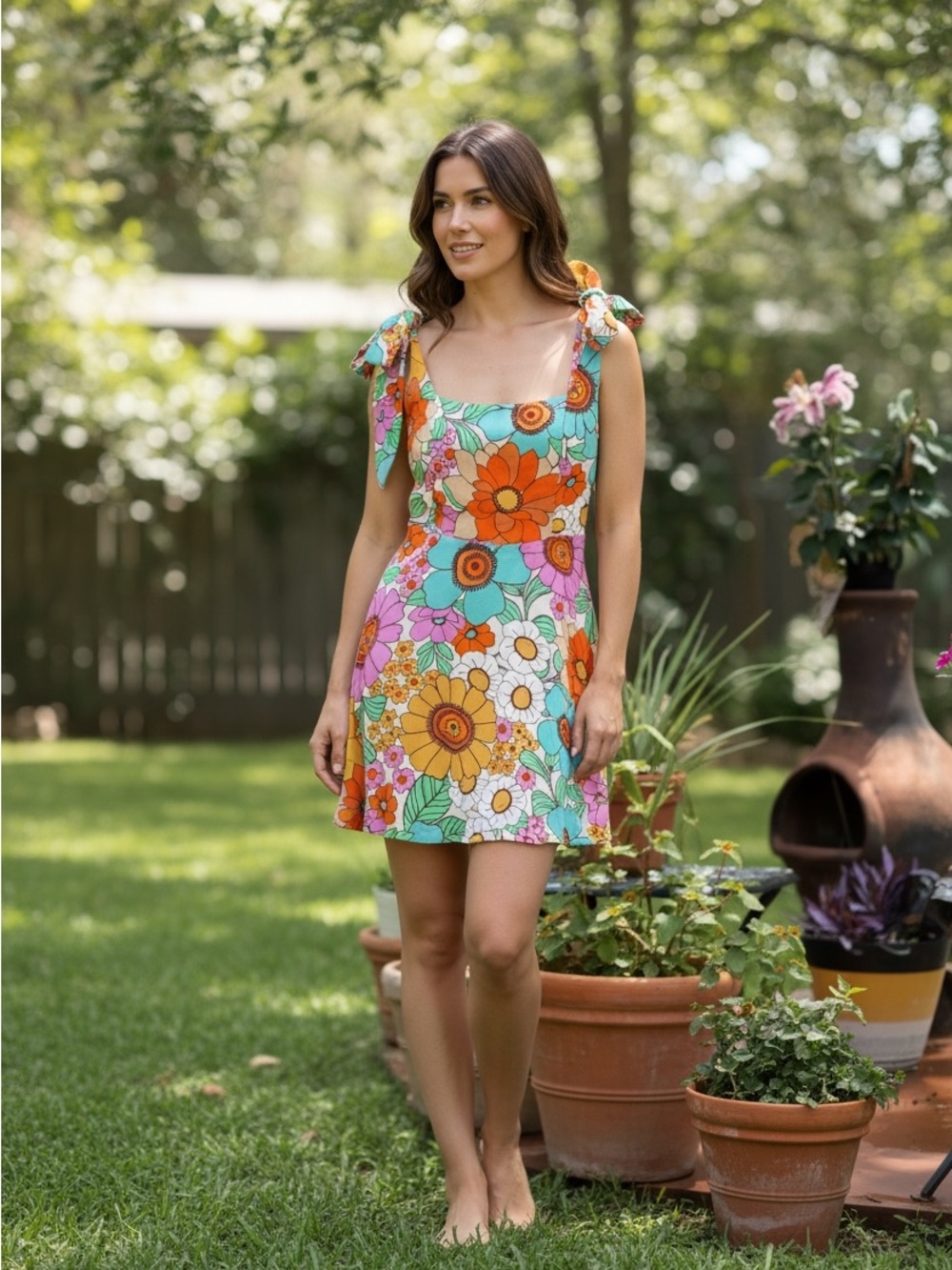 Show Me Your MuMu Claire Mini Dress Flower Market Retro Floral Tie Shoulder L